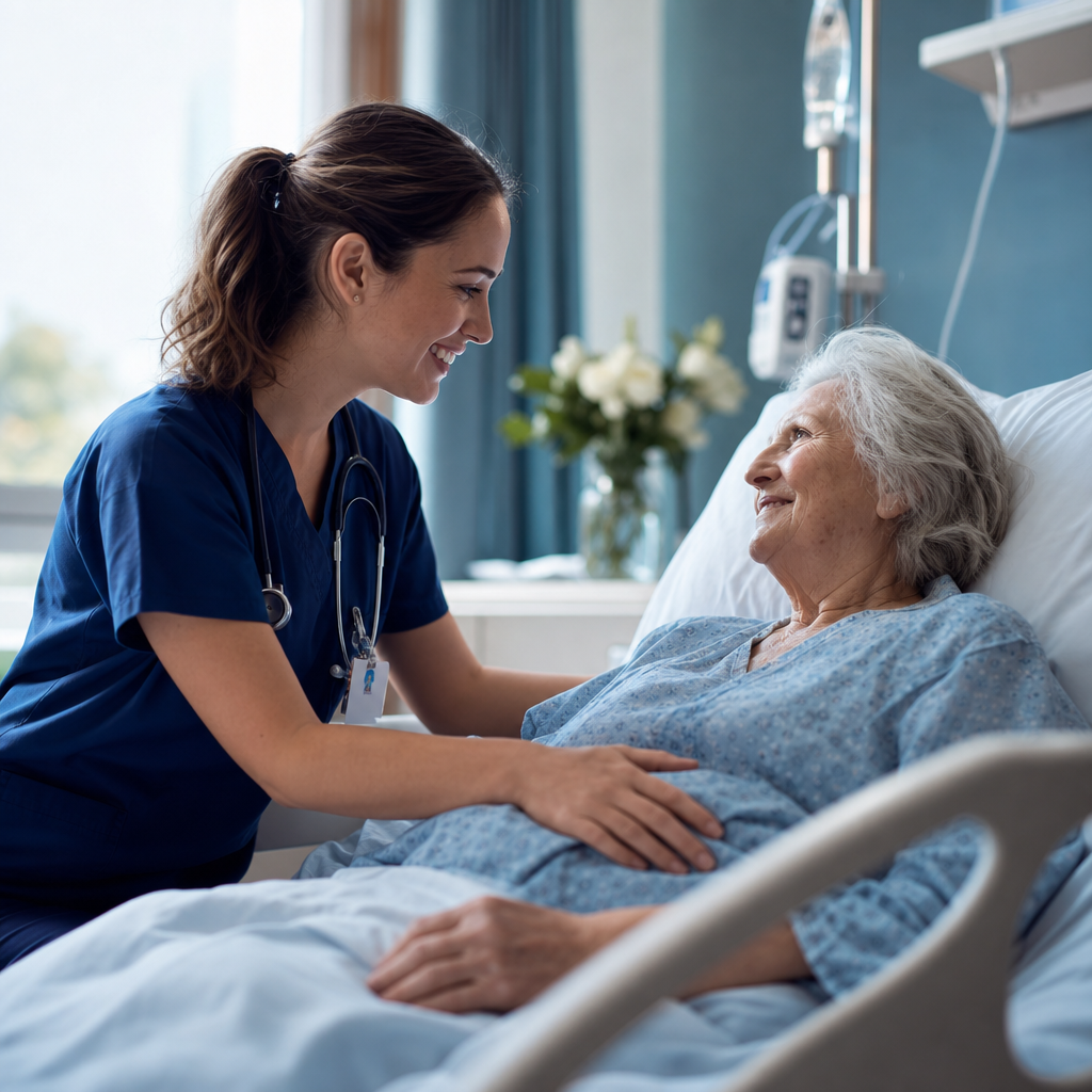 A clinician caring for a patient in a modern hospital