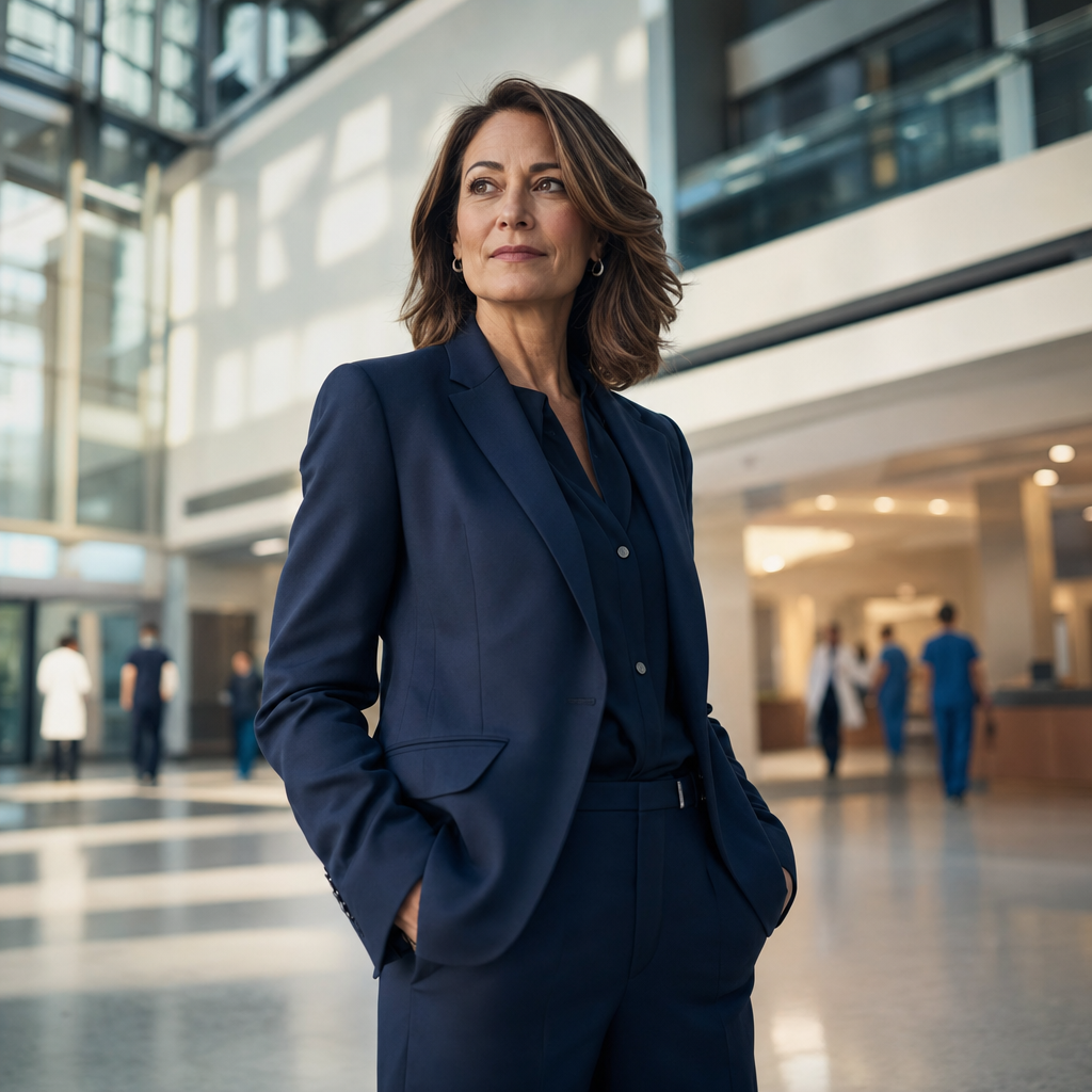 A hospital finance executive in a modern hospital atrium
